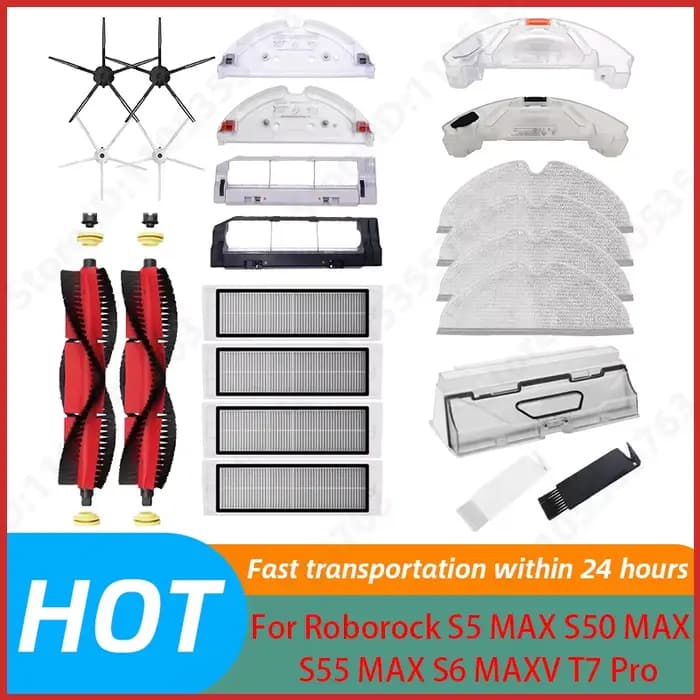 Accessoires pour aspirateur Roborock S5 MAX S50 MAX S55 MAX S6 MAXV : filtre HEPA, brosse latérale principale, réservoir d'eau, plateau, serpillière, boîte à poussière