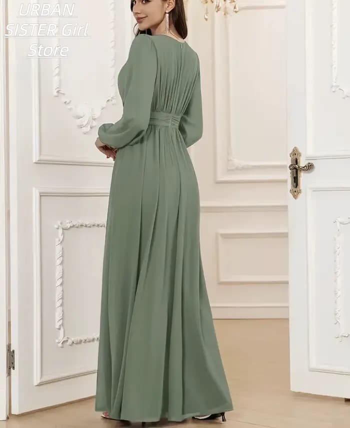 Robe longue en mousseline de soie vert sauge à col rond, avec devant plissé, manches lanternes et design fluide, idéale pour les femmes musulmanes, les célébrations de l'Aïd et les invitées de mariage