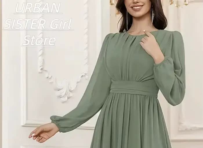 Robe longue en mousseline de soie vert sauge à col rond, avec devant plissé, manches lanternes et design fluide, idéale pour les femmes musulmanes, les célébrations de l'Aïd et les invitées de mariage