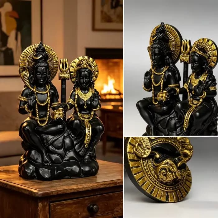Statue en résine Shiva Parvati noire et dorée, figurine de dieu et de déesse hindoue, décoration d'ornement pour la maison et le temple, pour la Puja