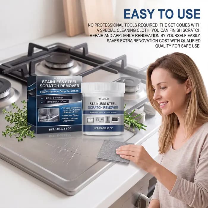 Kit de nettoyage et de réparation pour acier inoxydable 100g avec serviette – Nettoyant et polisseur pour évier et cuisinière – Produit d'entretien et de restauration pour cuisine