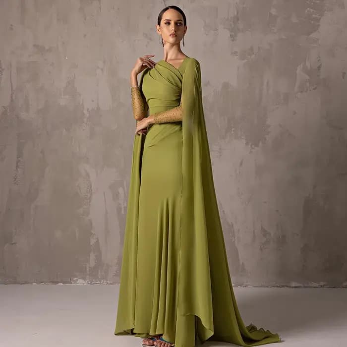 Sharon Said-Robe de Soirée Arabe en Mousseline de Soie pour Femme, Tenue de Mariage Personnalisée, Manches Cape, Vert Sauge, Asell, SF051