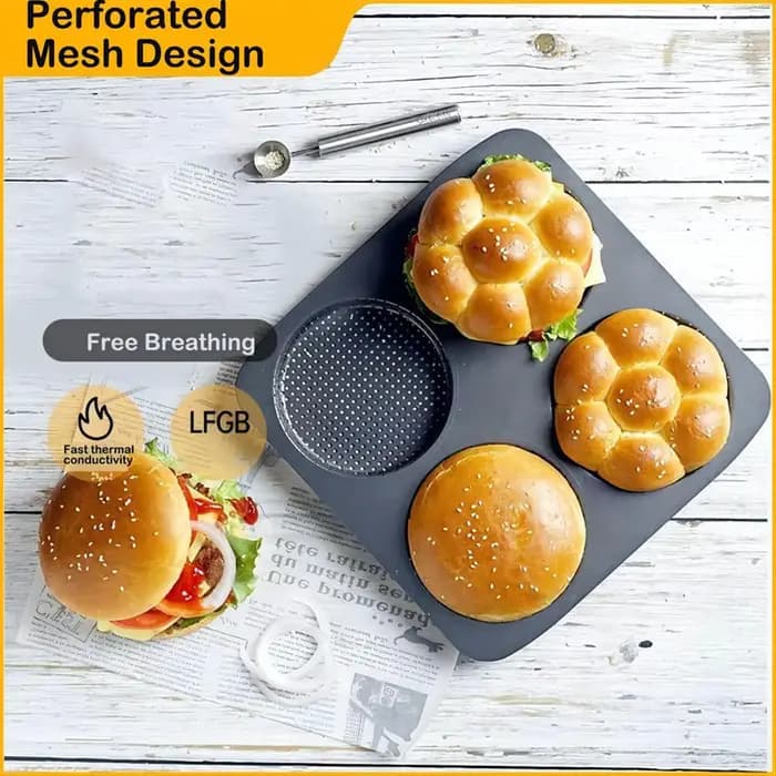 Moule à hamburger antiadhésif en acier au carbone, grande plaque de cuisson de 4 tasses pour les zones, petits pains faits maison, 5 pouces