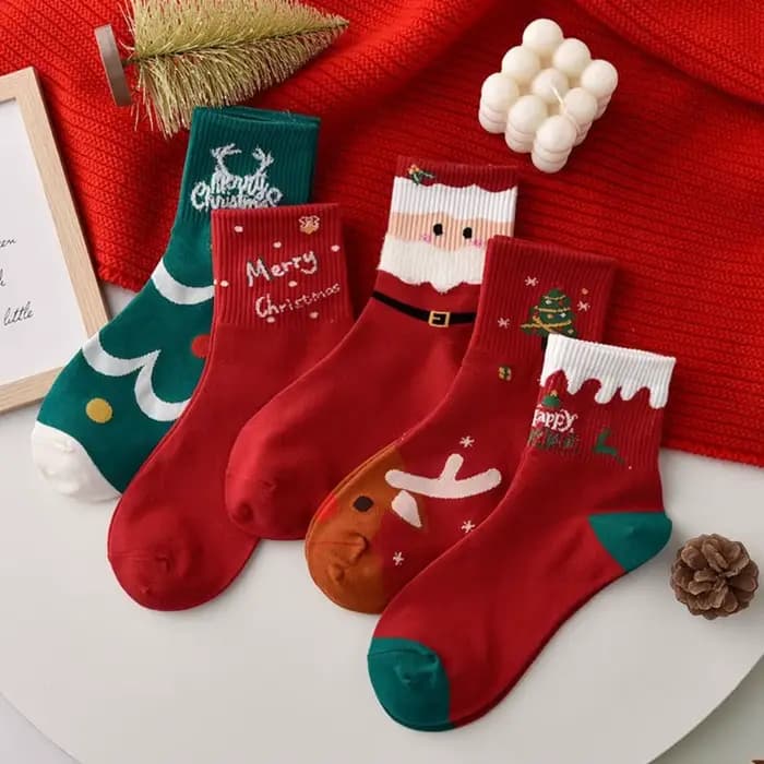 5 paires de chaussettes hautes à la cheville, chaussettes de noël en coton, Patchwork d'élan, bonhomme de neige pour femmes, chaussettes tubulaires festives du père noël, hiver