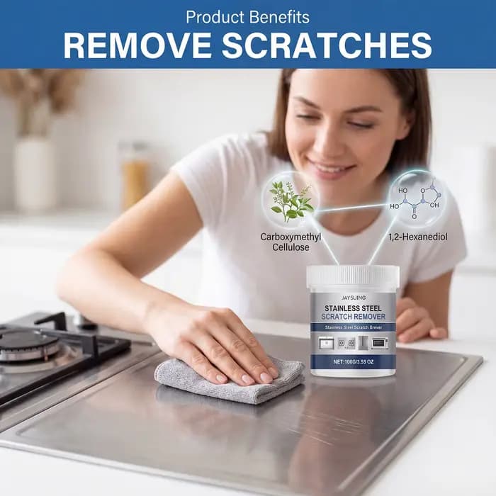 Kit de nettoyage et de réparation pour acier inoxydable 100g avec serviette – Nettoyant et polisseur pour évier et cuisinière – Produit d'entretien et de restauration pour cuisine