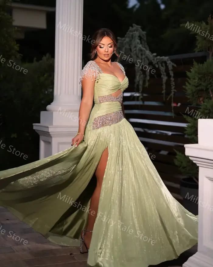 Robes de soirée vert sauge coupe trapèze, magnifiques perles, sans manches, fente latérale, longueur ras du sol, robes personnalisées pour occasions spéciales
