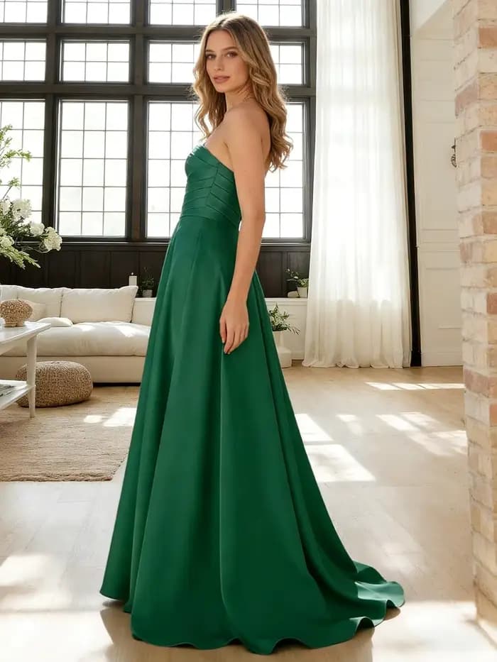 Robes de bal personnalisées sans bretelles avec appliques de lacets de corset pour femmes, longues robes de soirée formelles en satin coupe trapèze froncées avec fente haute