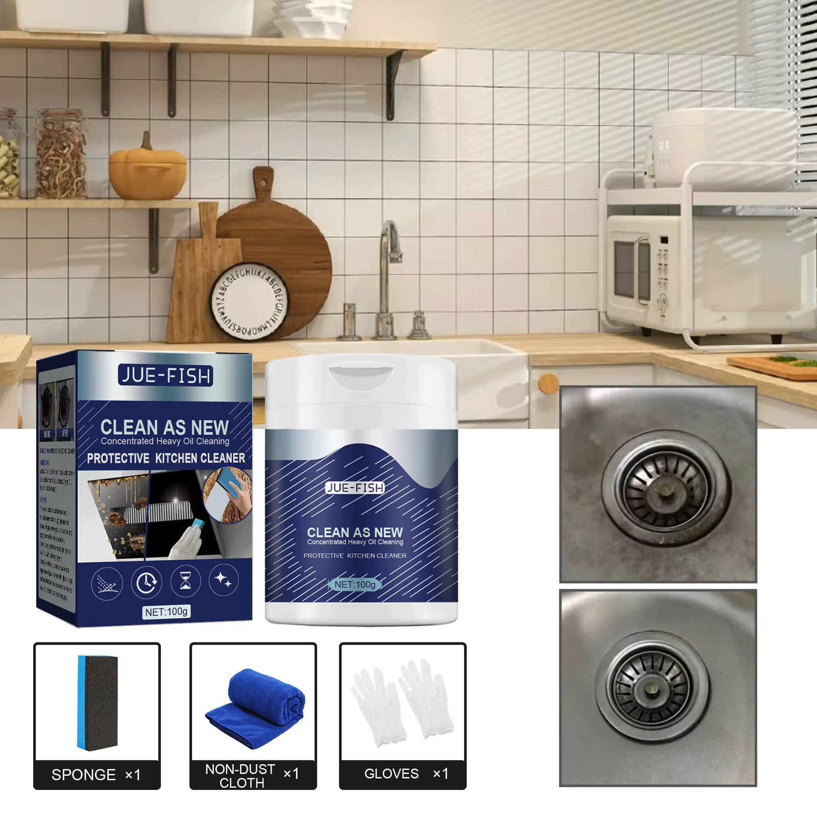 Jue-Fish-Nettoyant de cuisine protecteur, élimine les graisses dures tenaces, pénètre en profondeur,