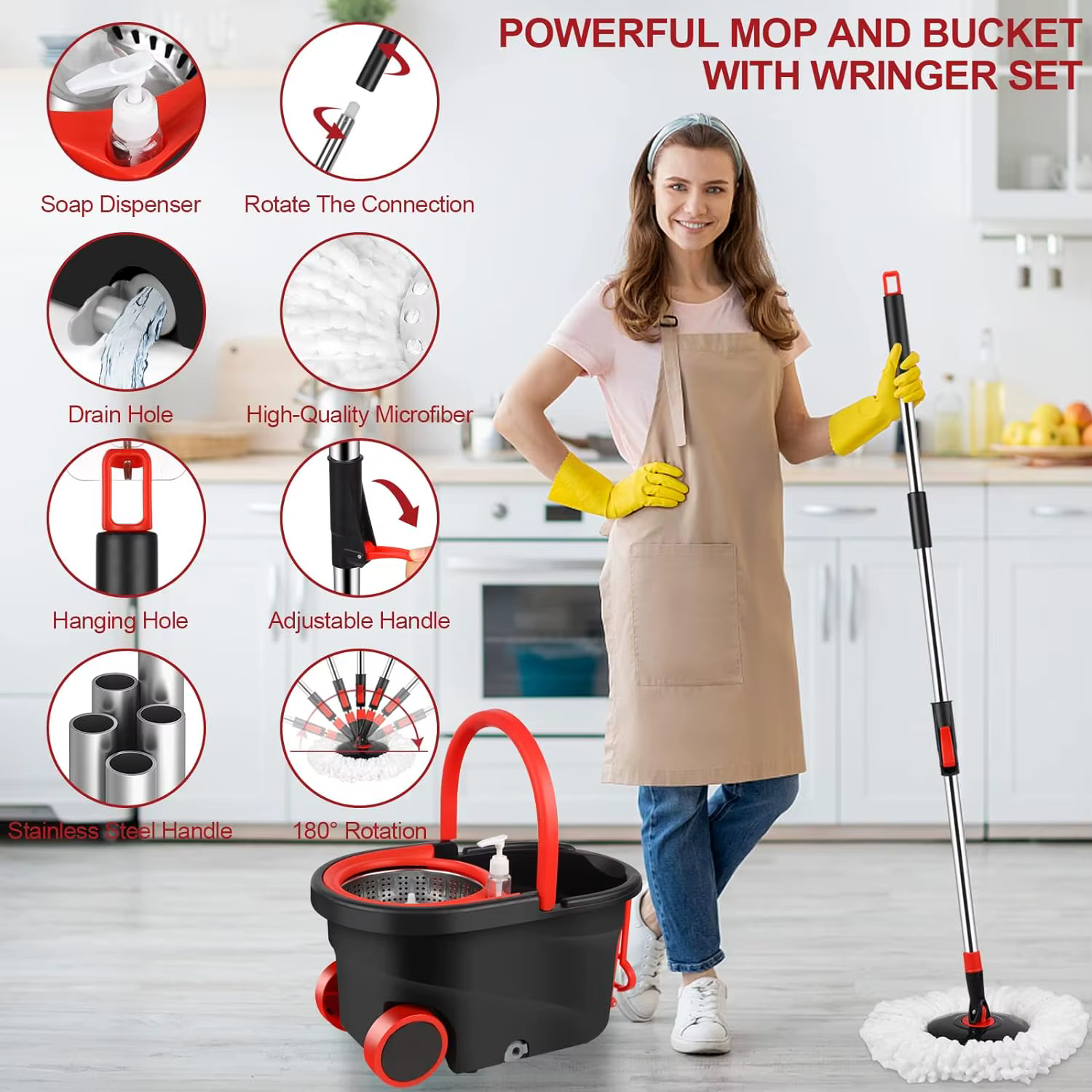 Vadrouille rotative avec 3 têtes de rechange en microcarence, livres à rotation à 360 °, manche arc-