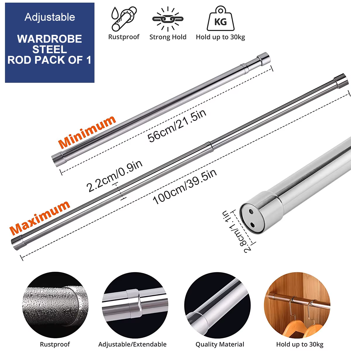 Rail de garde-robe Rail à vêtements extensible 56-100 cm tige à vêtements en acier inoxydable avec d
