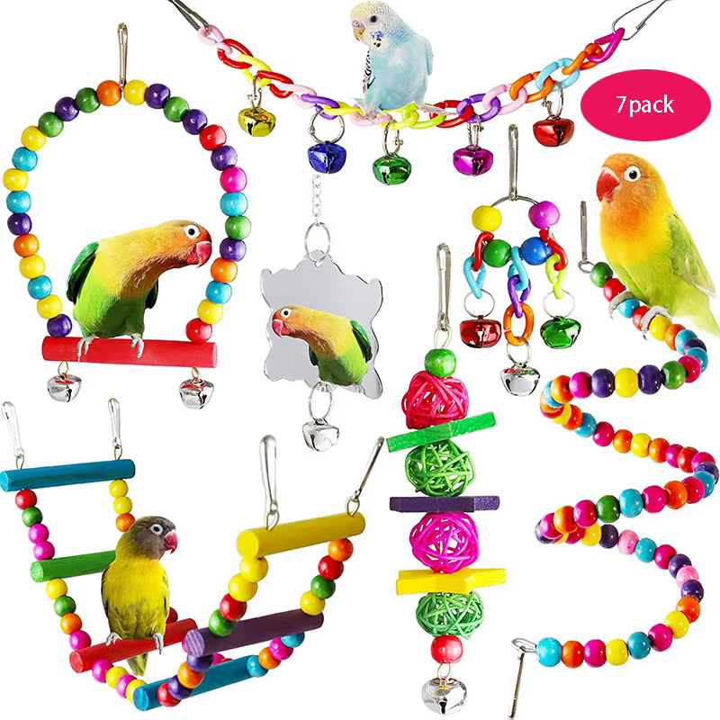 Ensemble de jouets pour perroquets en bois, 7 pièces, Cage, accessoires pour oiseaux, pont à Suspens
