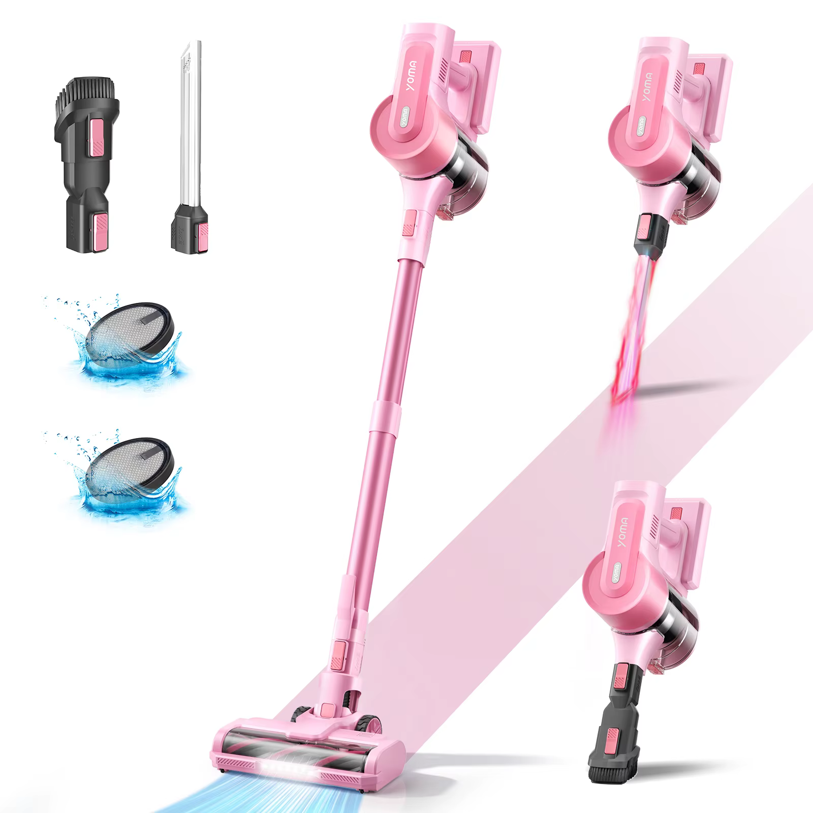YOMA-Aspirateur balai sans fil, aspirateur sans fil, déterminer les poils d'animaux, sol dur, rose, 
