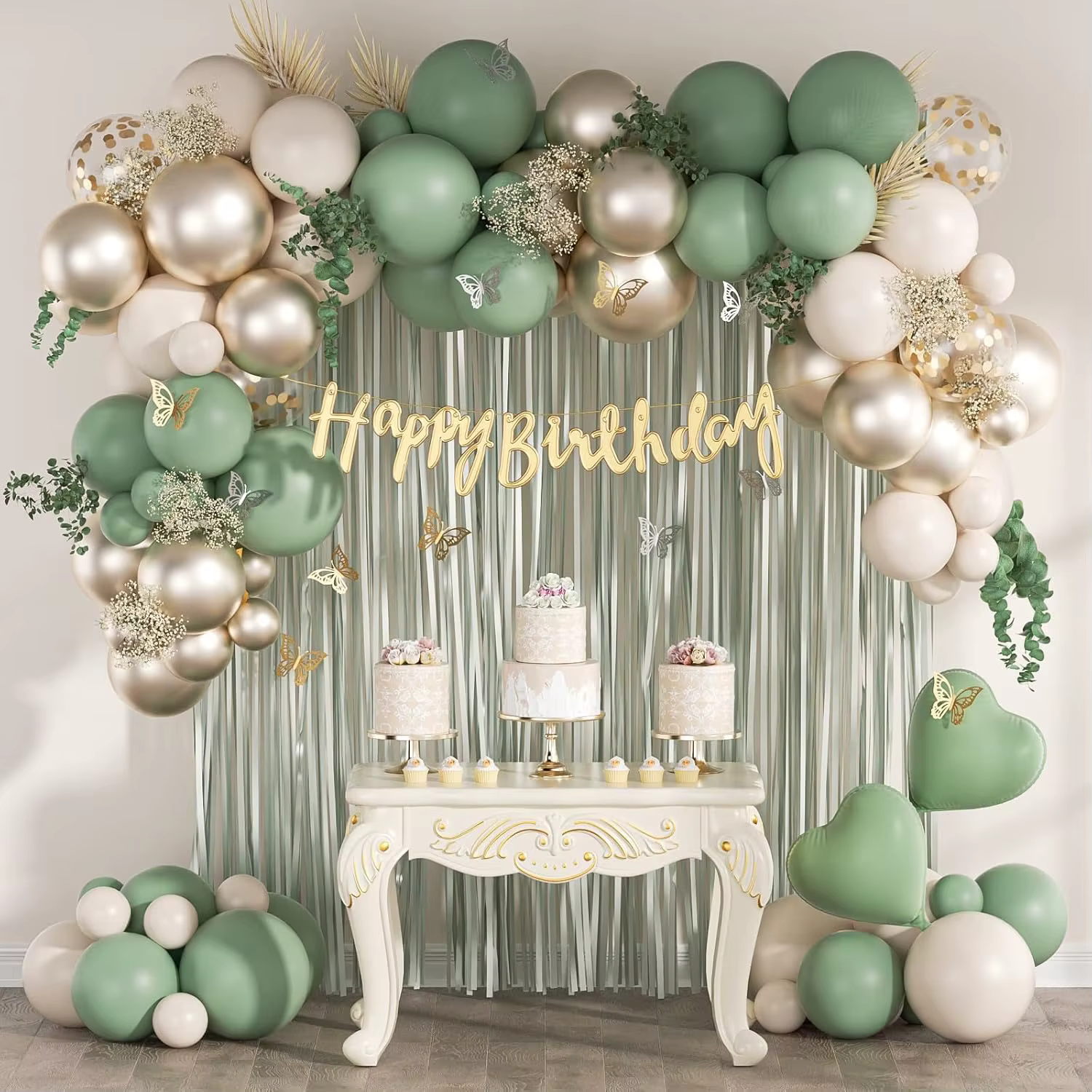 ‌ Kit de décorations d'anniversaire vert sauge : bannière joyeux anniversaire, rideaux à franges, dé