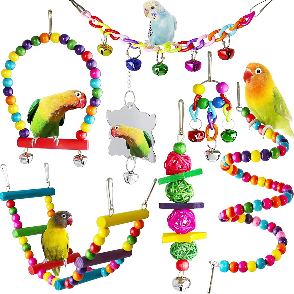 Jouet pour perroquets, 7 pièces, accessoires pour Cage à oiseaux, miroir d'escalier, cloche pivotant