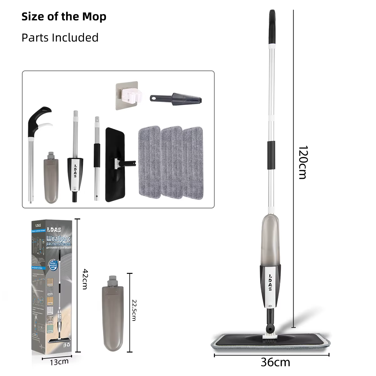 DARIS Spray Mop, bouteille de 360 ml, 3 tampons de vadrouille en microfibre, grattoir, clip de vadro