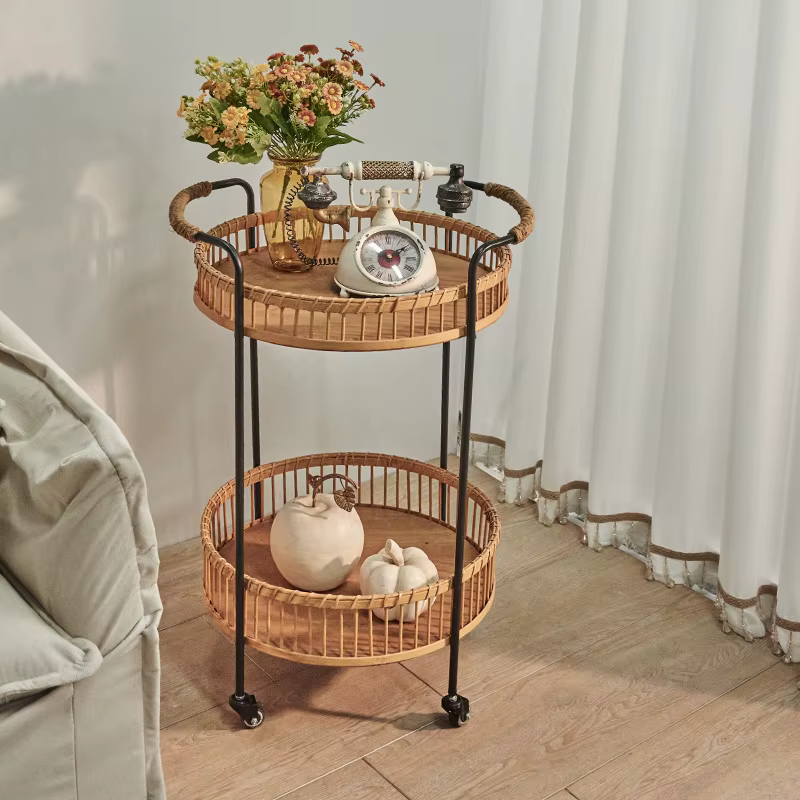 Panier de fleurs artistique en rotin, étagère, plateau de service en bambou avec roulettes, décoration intérieure et extérieure, Table d'appoint de balcon