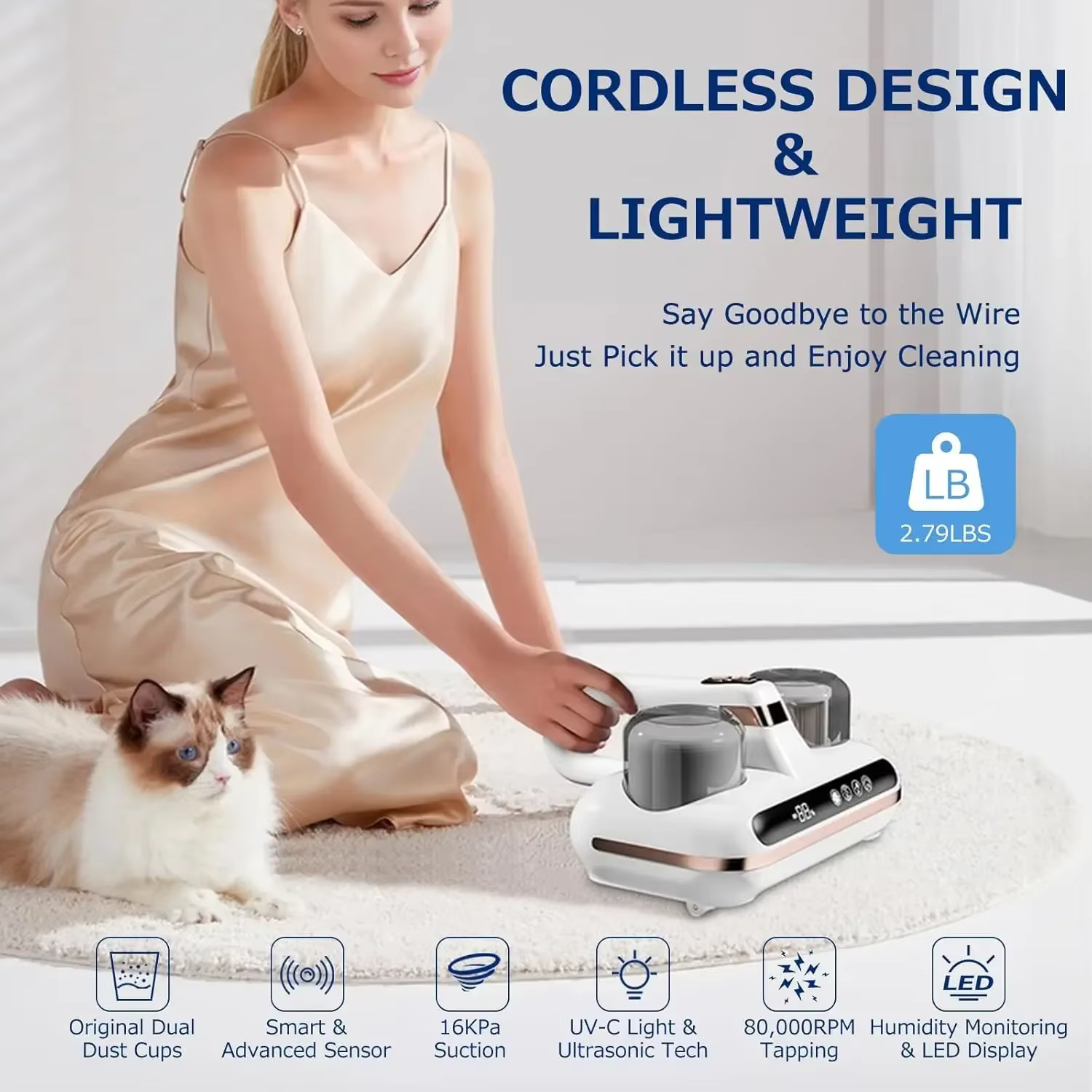 Matelas Lit Aspirateur Sans Fil Portable Déterminer 16Kpa injuste Aspiration UV-C Lumière et Ultrasons pour Drap Canapé Livres