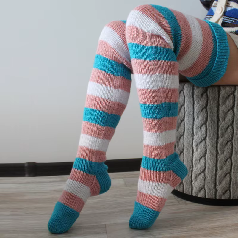 Chaussettes hautes vintage pour femmes, jambières souples, chaussettes au-dessus du genou, bas longs, bonneterie, rayures colorées, hiver