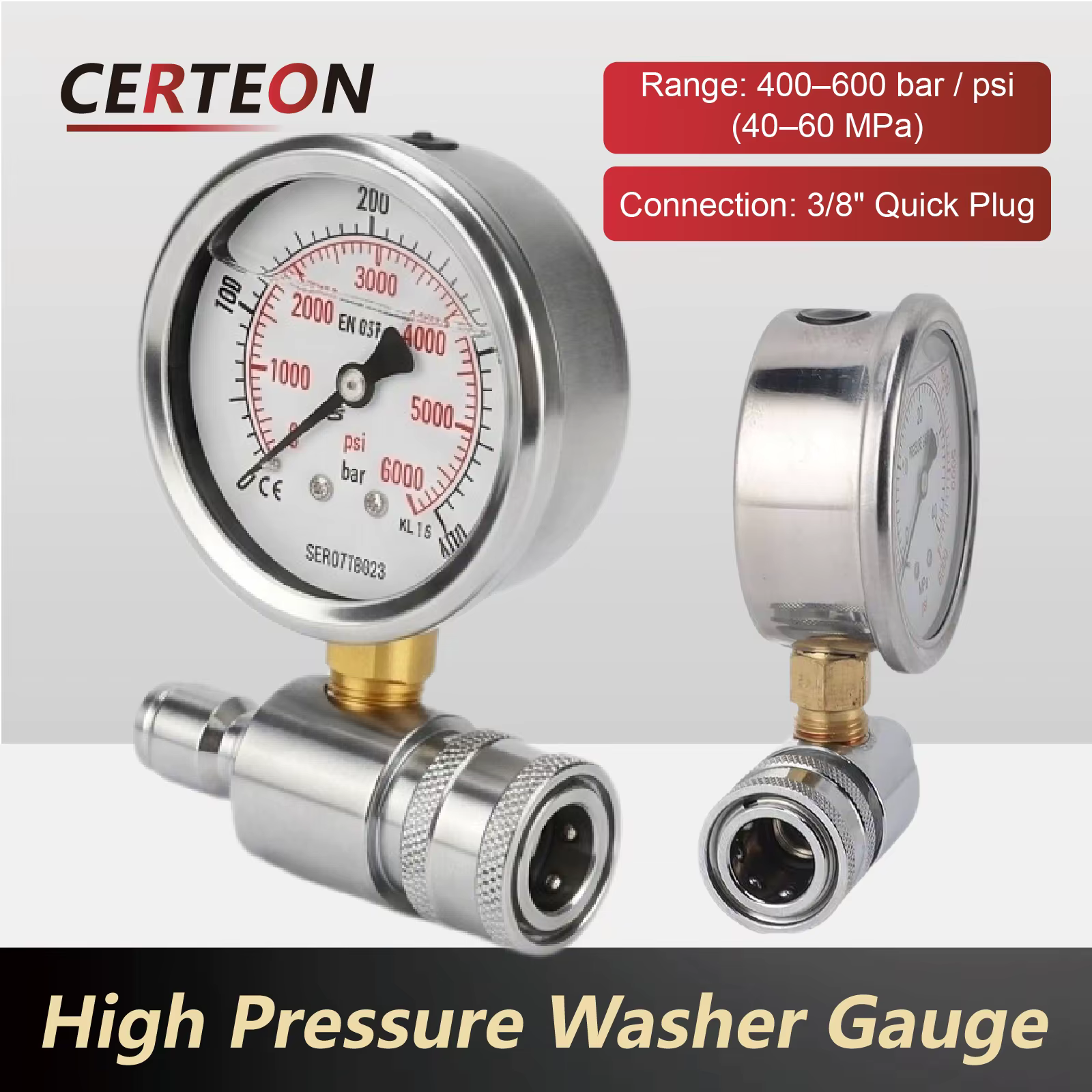 Manomètre Haute Pression 400–600 Bar/PSI Raccord 3/8 pour Nettoyeur