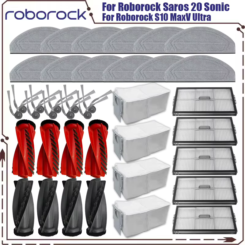 Pièces détachées pour aspirateur Roborock Saros 20 Sonic / S10 MaxV Ultra : brosse principale, brosse latérale, filtre, chiffon de nettoyage, sac à poussière
