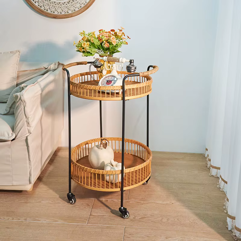 Panier de fleurs artistique en rotin, étagère, plateau de service en bambou avec roulettes, décoration intérieure et extérieure, Table d'appoint de balcon