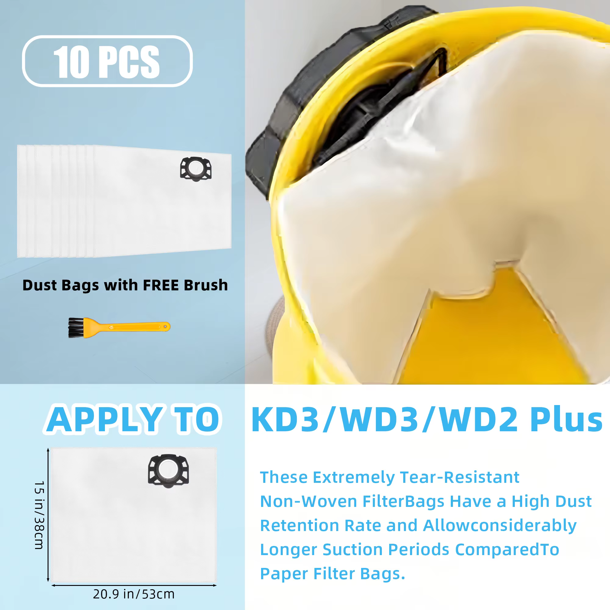 Lot de 5/10 sacs pour aspirateur KFI 357 pour Kärcher WD3s WD 3 V-17/4/20 2.863-314.0 WD2 Plus kwd 3 KWD1-2 SE 4001