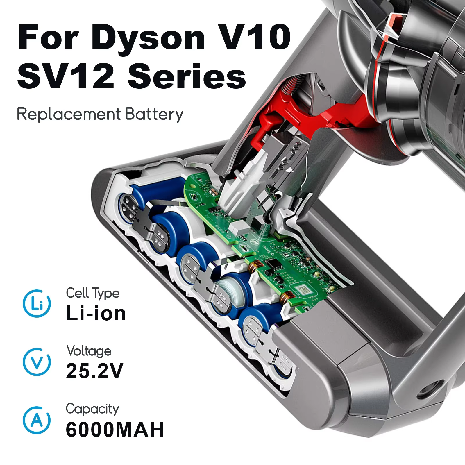 Batterie 21.6V pour Dyson V6 V7 V8 V10 série SV12 DC62 SV1 6000mAh