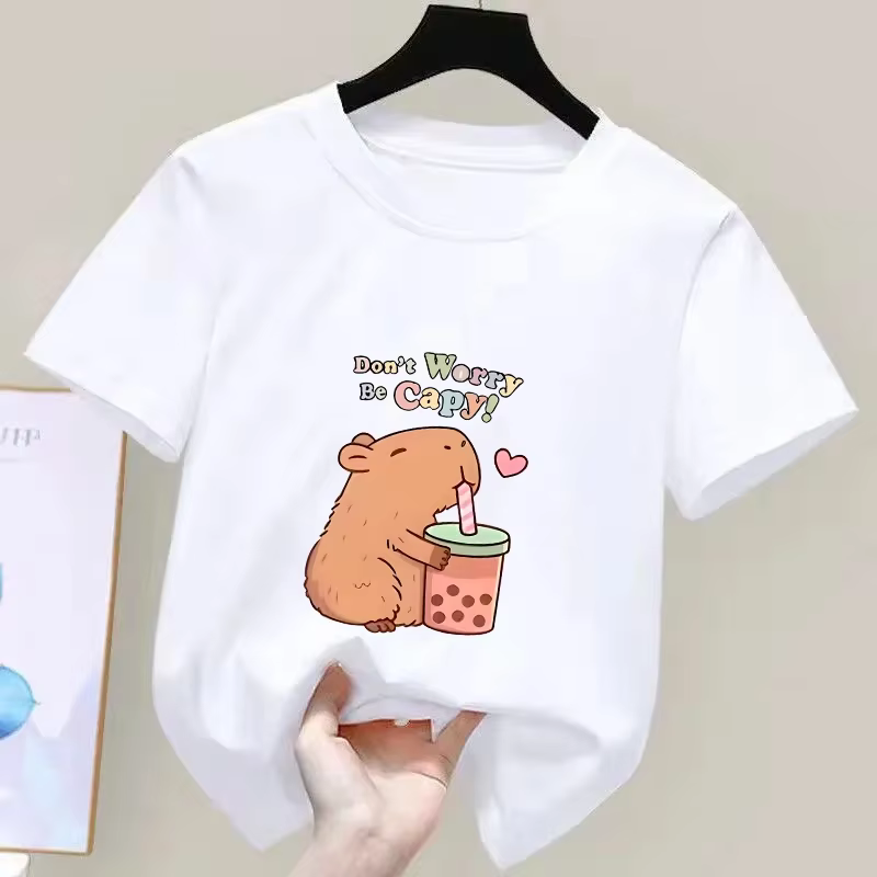 T-shirt d'été pour enfants Capybara, imprimé dessin animé, 100% coton, manches courtes, col rond, haut décontracté pour filles, t-shirts tendance