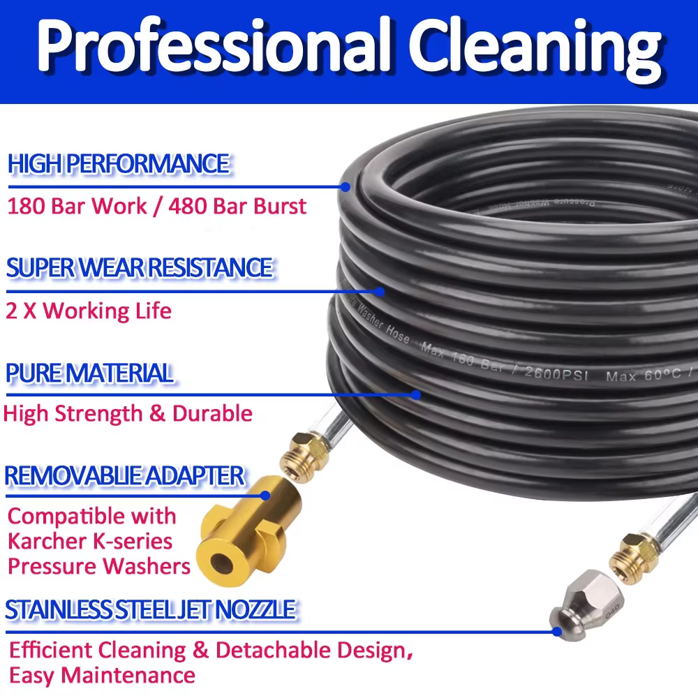 Tuyau de nettoyage haute pression 6 à 20 mètres 2600 psi 180 bars pour canalisations et égouts
