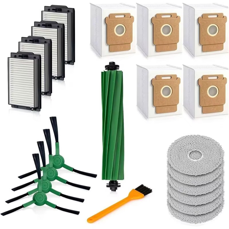 A38T – Kit d’accessoires pour aspirateur robot iRobot Roomba Combo 505/405 : brosse principale, tampons de nettoyage, sacs d’aspirateur, brosses latérales et filtres.