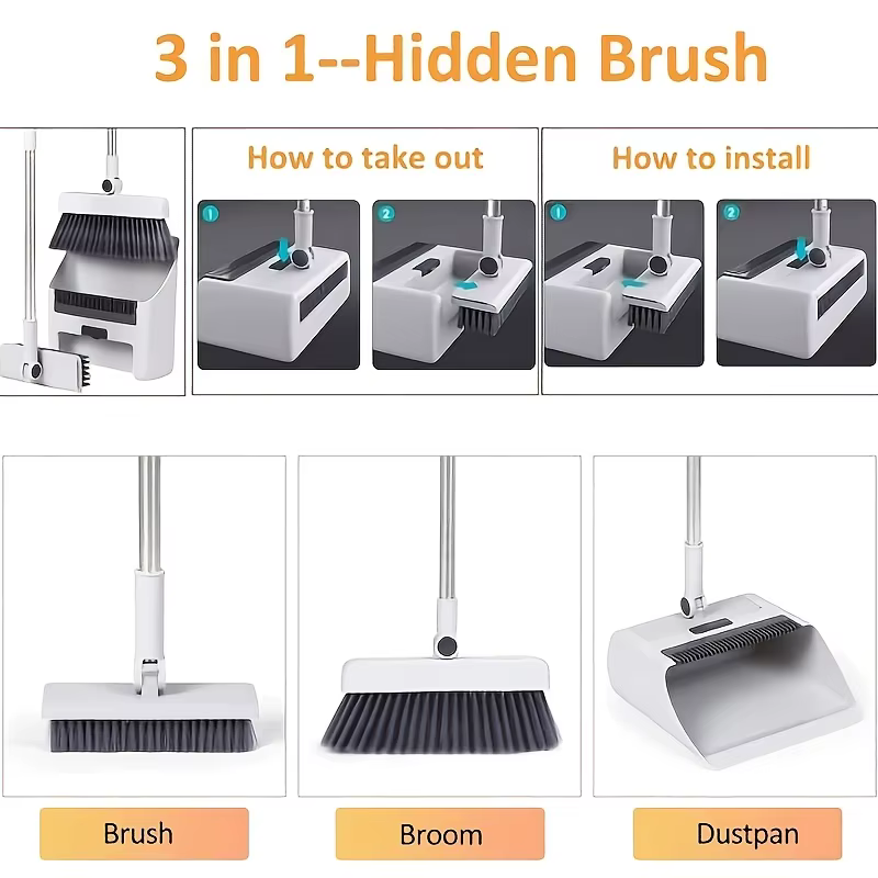 Ensemble balai, pelle et brosse à plancher 3-en-1 pliables