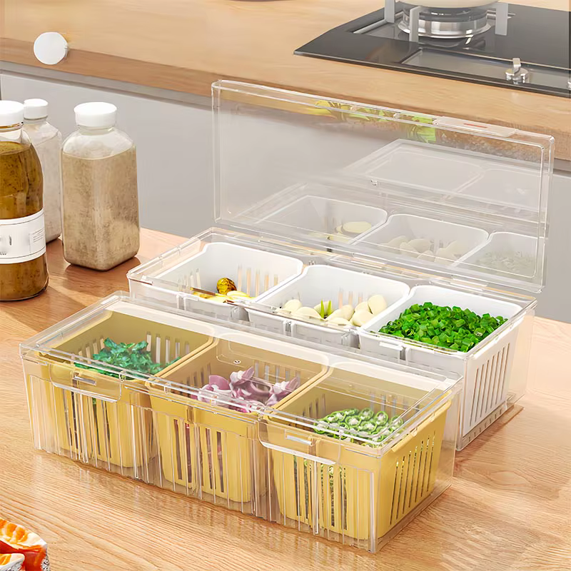 1 ensemble d'accessoires pour réfrigérateur de cuisine avec couvercle, récipient de stockage alimentaire, avec 3 compartiments carrés transparents amovibles D