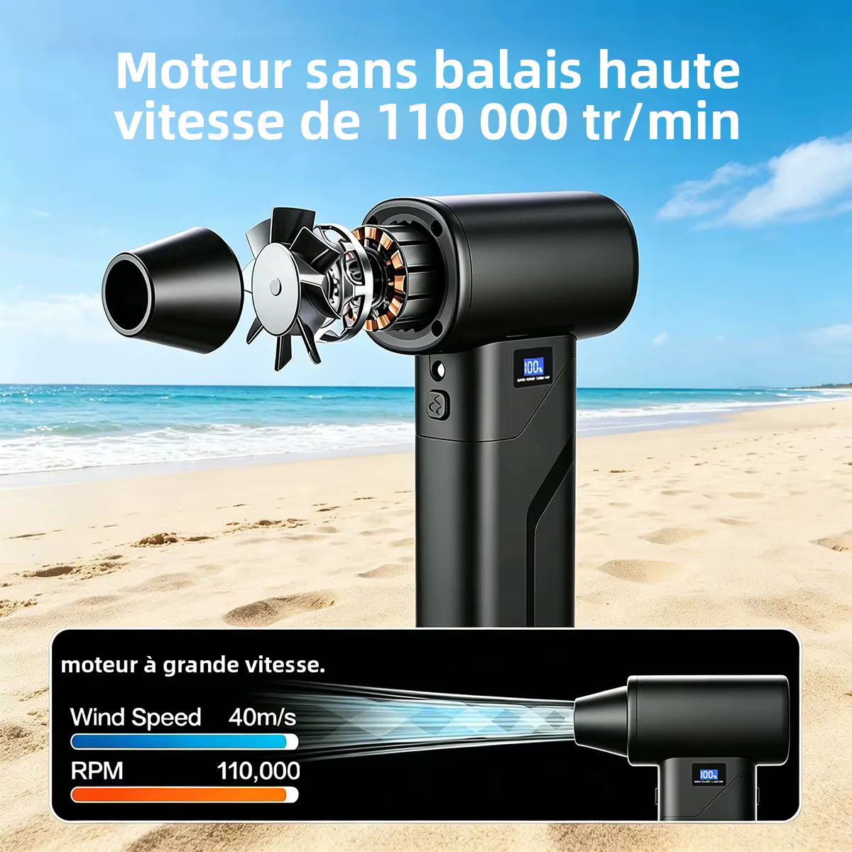 Souffleur d'air électrique sans balais ultra-rapide 110000 tr/min 4000 mAh, turbo haute vitesse, rechargeable, puissant, pour dépoussiérage et aspiration