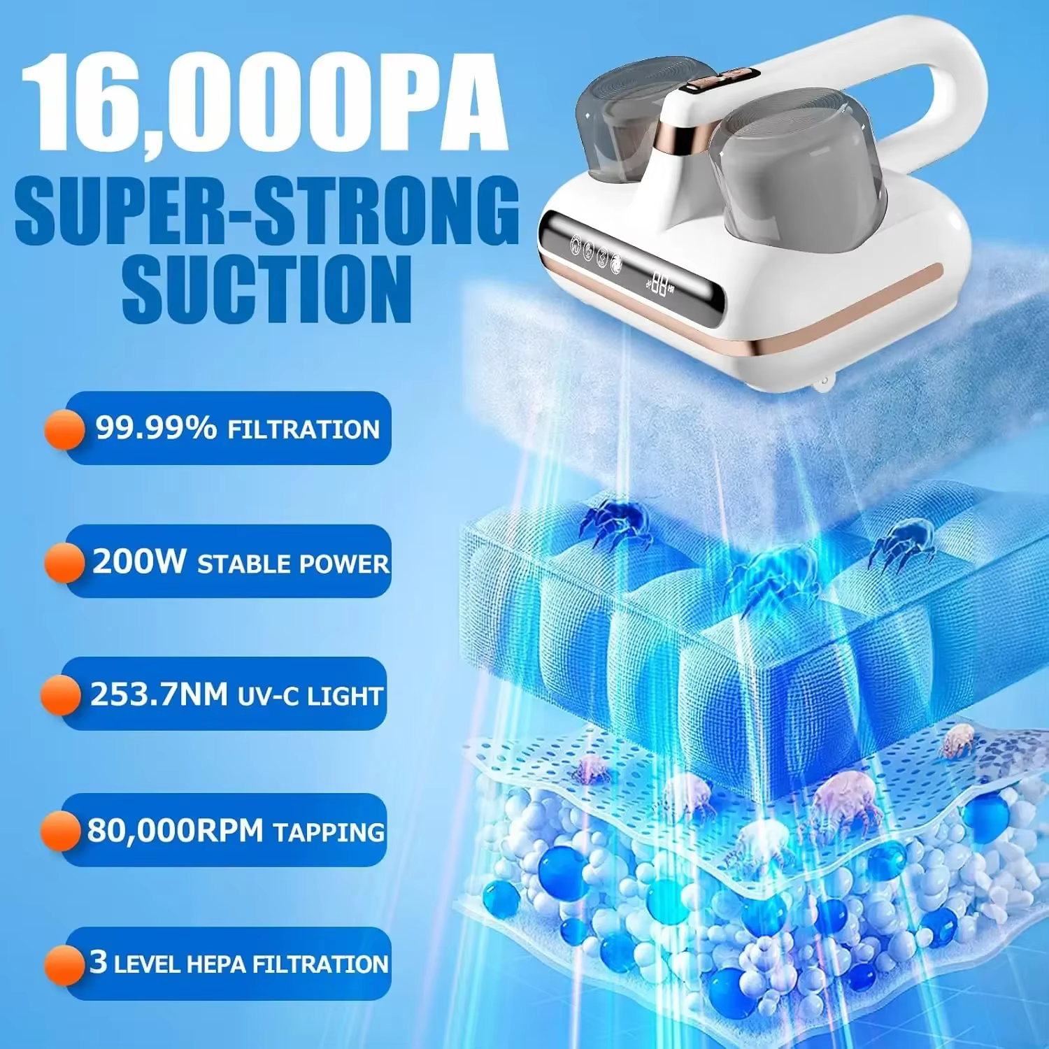 Matelas Lit Aspirateur Sans Fil Portable Déterminer 16Kpa injuste Aspiration UV-C Lumière et Ultrasons pour Drap Canapé Livres