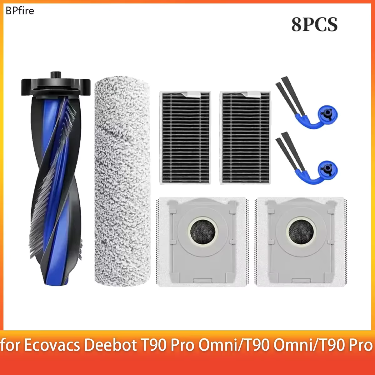 Accessoires utilisés pour les robots aspirateurs ECOVACS T90 PRO Omni, T90 Omni, X12 PRO Omni : brosse principale, brosse pour serpillière, brosse latérale, filtre, sac à poussière.
