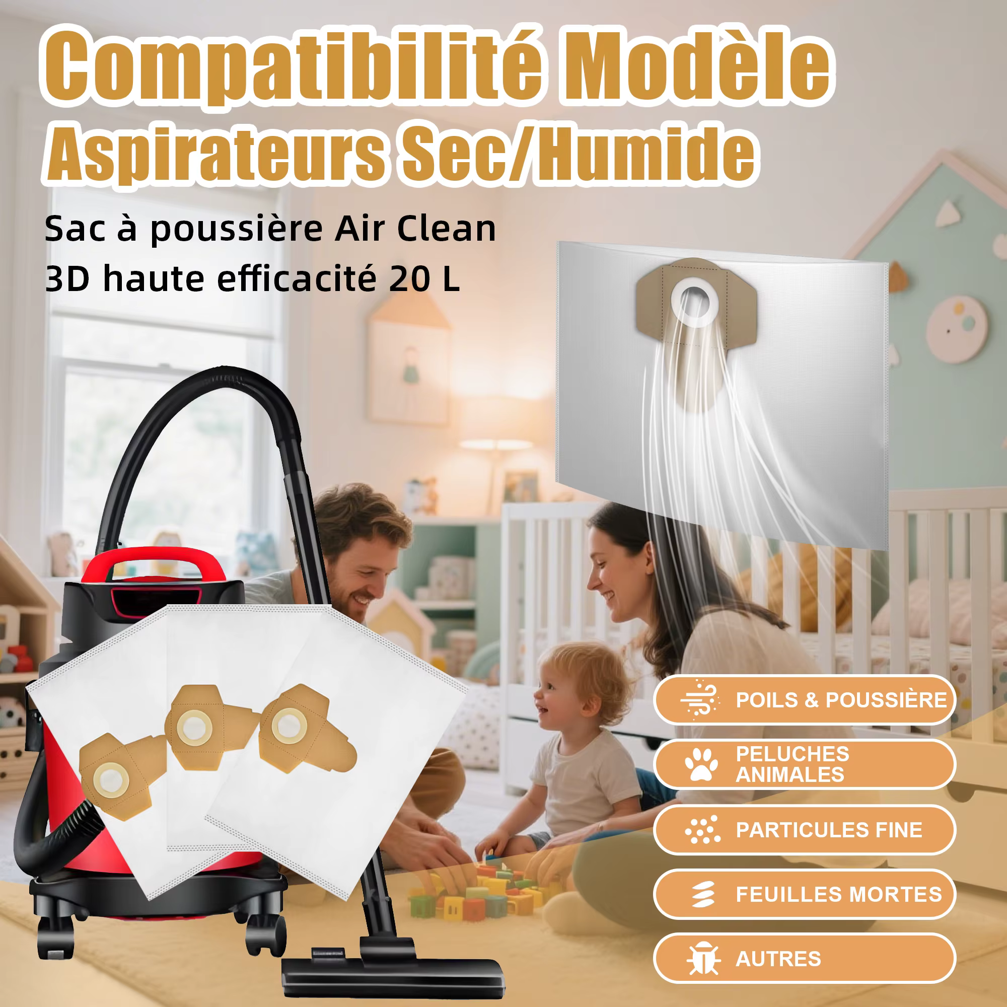 Sacs d'aspirateur non tissés de 20 L compatibles avec les aspirateurs eau et poussière Einhell