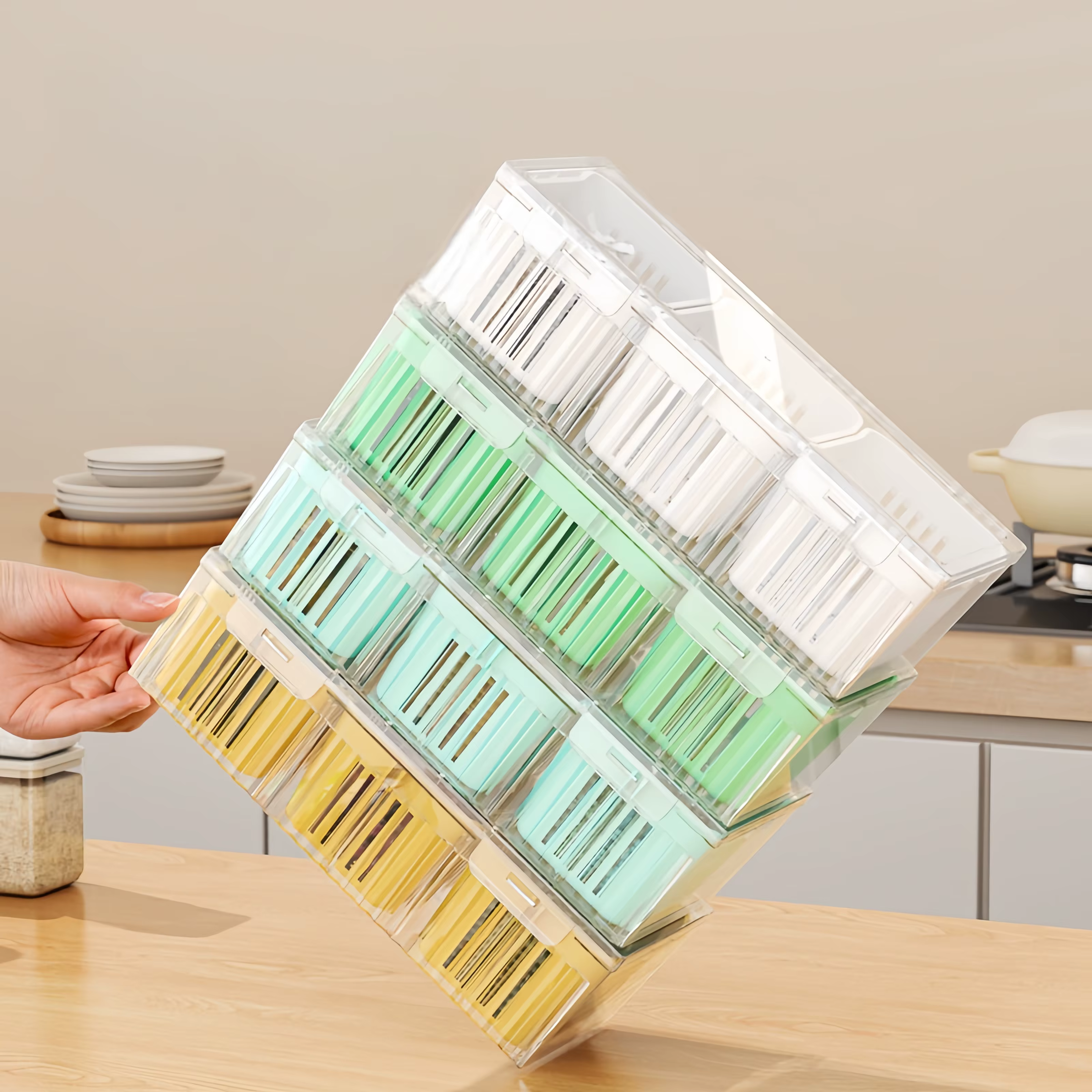 1 ensemble d'accessoires pour réfrigérateur de cuisine avec couvercle, récipient de stockage alimentaire, avec 3 compartiments carrés transparents amovibles D