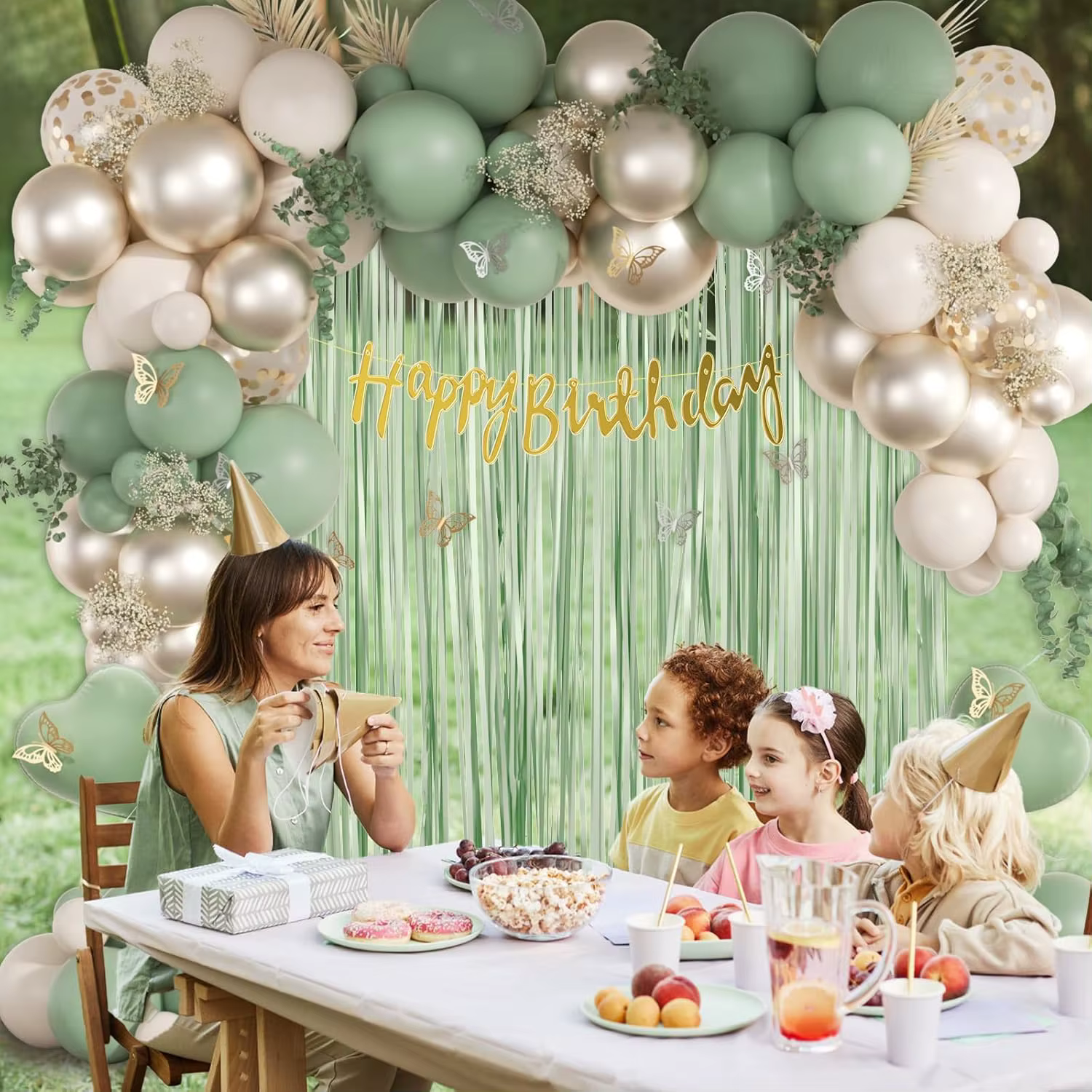  Kit de décorations d'anniversaire vert sauge : bannière joyeux anniversaire, rideaux à franges, décoration murale papillon et ensemble de ballons en aluminium pour femmes