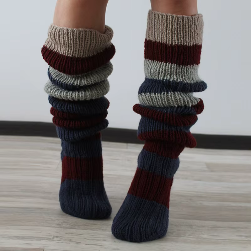 Chaussettes hautes vintage pour femmes, jambières souples, chaussettes au-dessus du genou, bas longs, bonneterie, rayures colorées, hiver