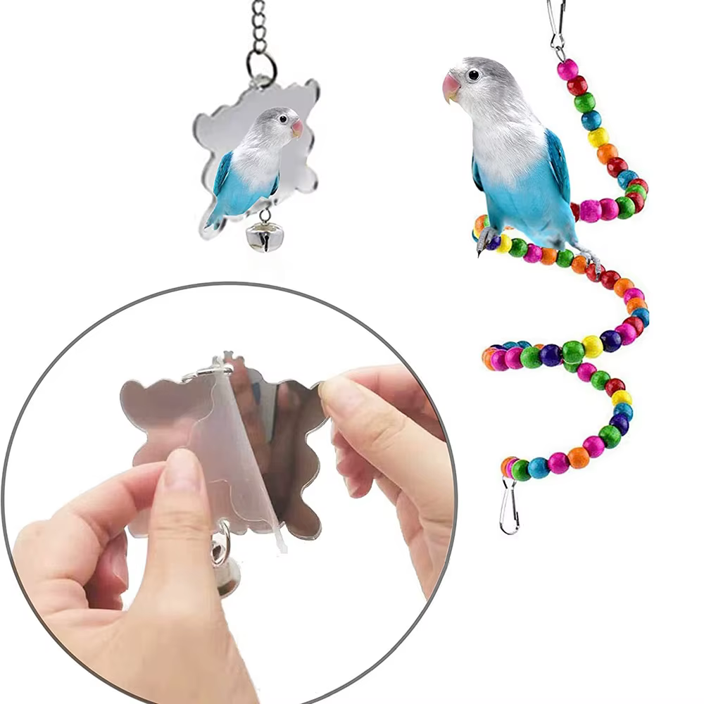 Jouet pour perroquets, 7 pièces, accessoires pour Cage à oiseaux, miroir d'escalier, cloche pivotante, jouet pour oiseaux